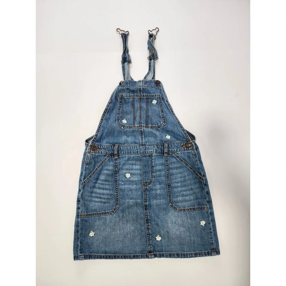 OshKosh B'gosh Girls Blue Denim Daisy Embroidered Overall Jumper Dress Size 10